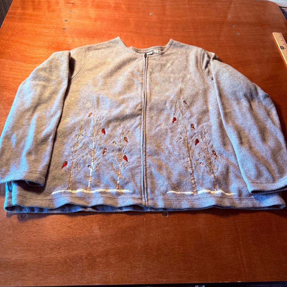 Croft & Barrow Womens 3X Gray Fleece Full Zip Cardinal Bird Embroidered Jacket